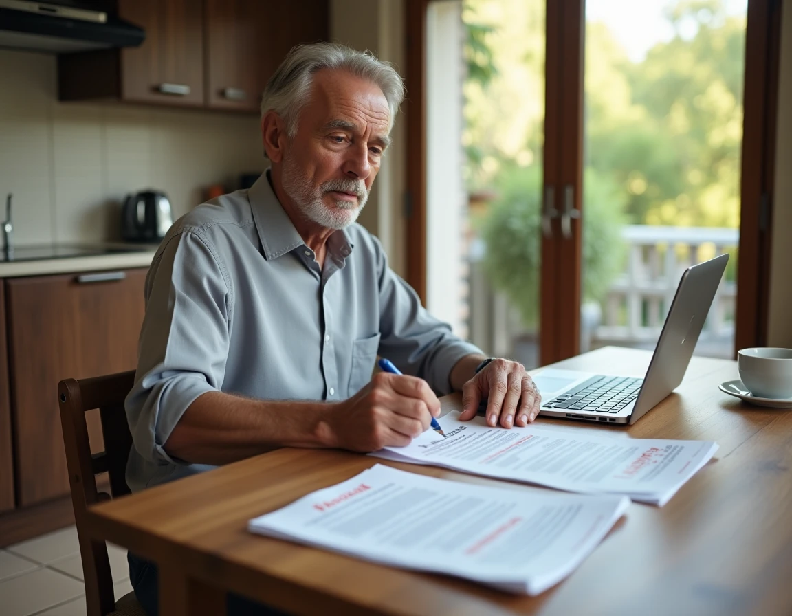 Homme à la retraite préparant sa lettre de départ et planifiant ses congés payés depuis son domicile