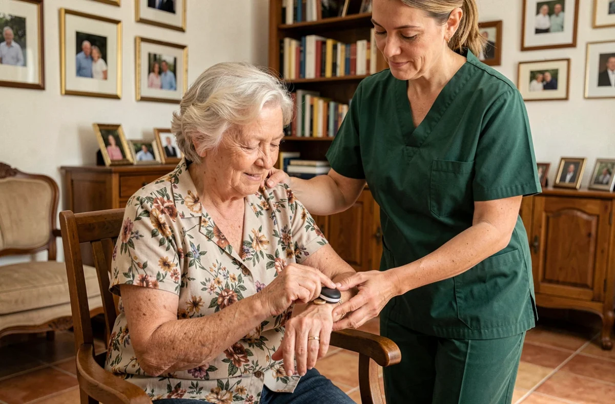 Une personne âgée utilise un dispositif de téléassistance Présence Verte Services en présence d'une auxiliaire de vie dans un intérieur provençal.