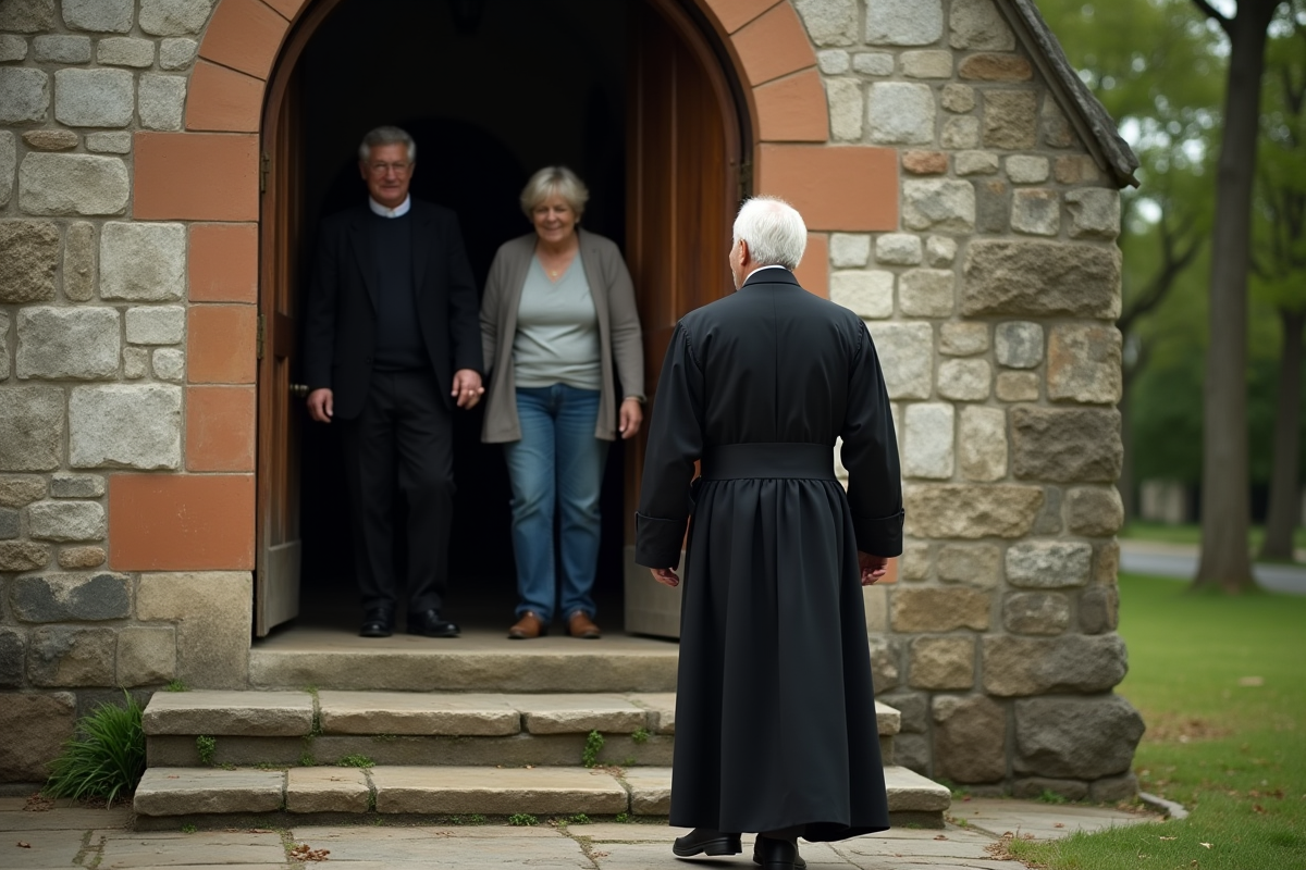 Pretre accueillant un couple devant une petite eglise rurale