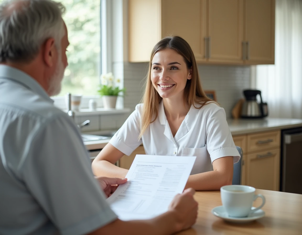 Professionnelle de l'aide à domicile présentant un plan d'accompagnement à un senior dans une cuisine