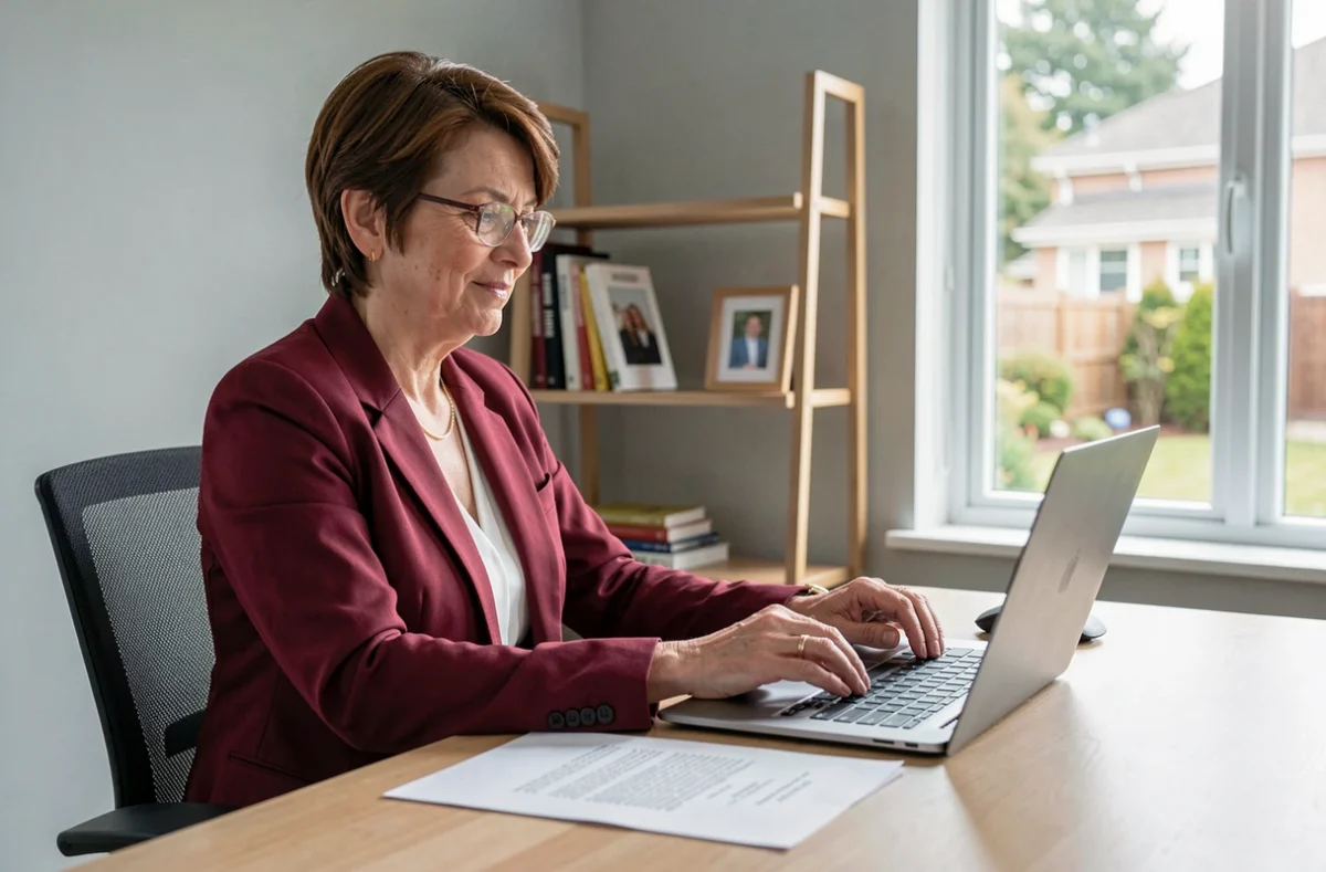 Femme en fin de carrière rédigeant sa demande de départ anticipé à la retraite depuis son bureau à domicile
