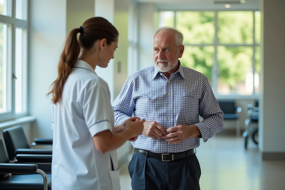 Homme âgé en rééducation avec une infirmière attentive