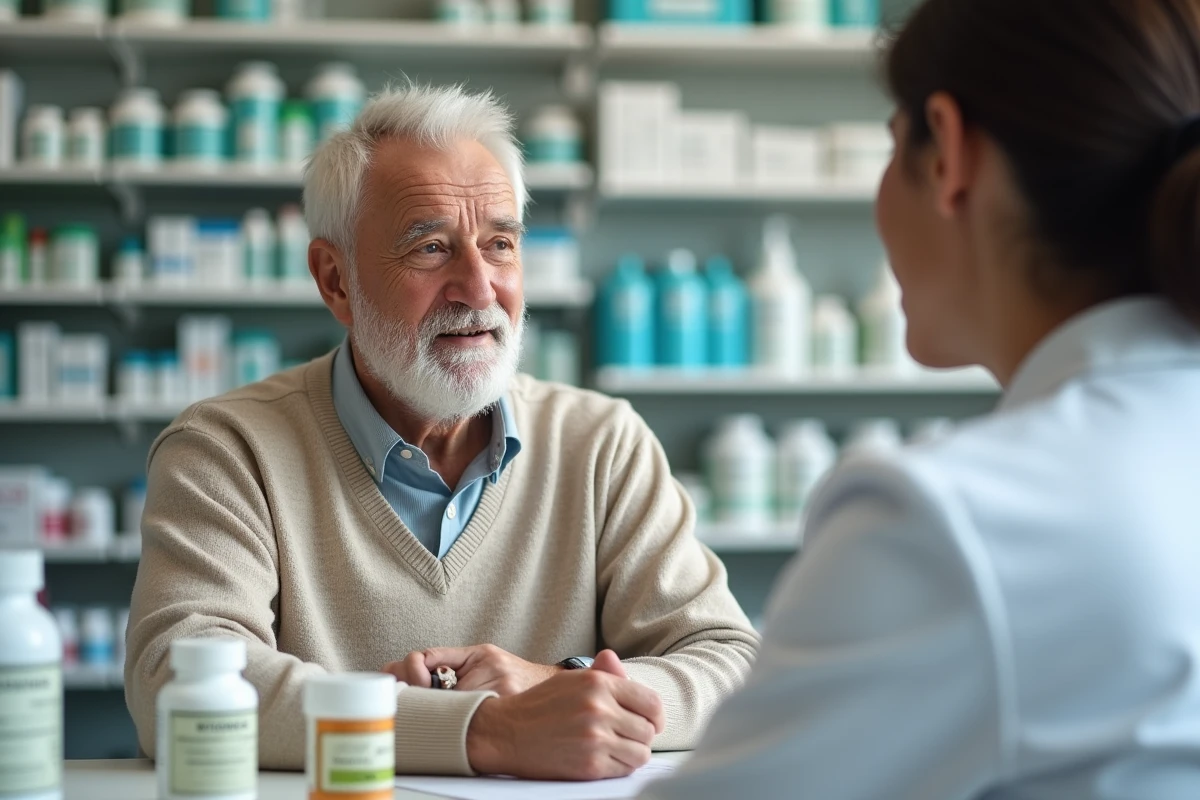 Senior homme discutant avec un pharmacien en pharmacie