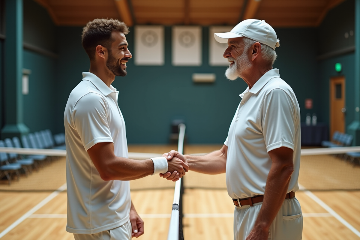 Deux hommes se serrant la main après un match de tennis en intérieur