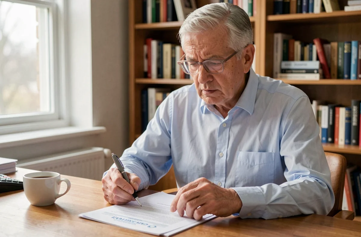 Un homme de 72 ans examine attentivement des documents administratifs pour le renouvellement de son permis de conduire après 70 ans