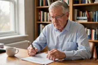 Un homme de 72 ans examine attentivement des documents administratifs pour le renouvellement de son permis de conduire après 70 ans