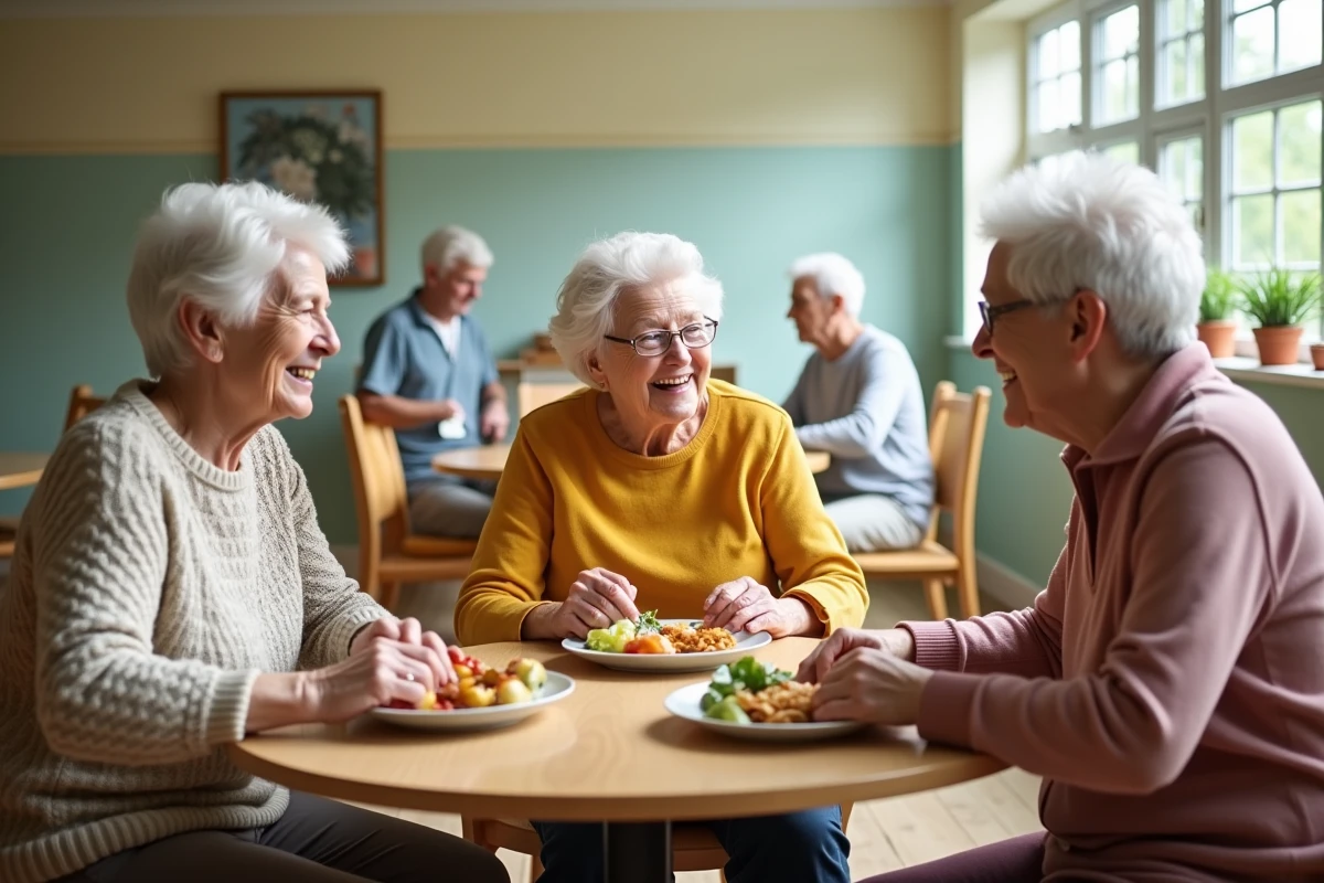 Résidents en hébergement temporaire partageant un repas dans la salle à manger commune d'un EHPAD moderne