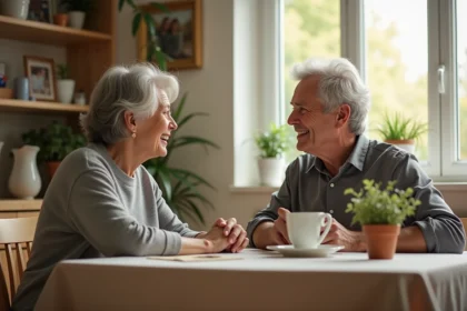 Femme d'âge moyen et homme âgé souriants à table