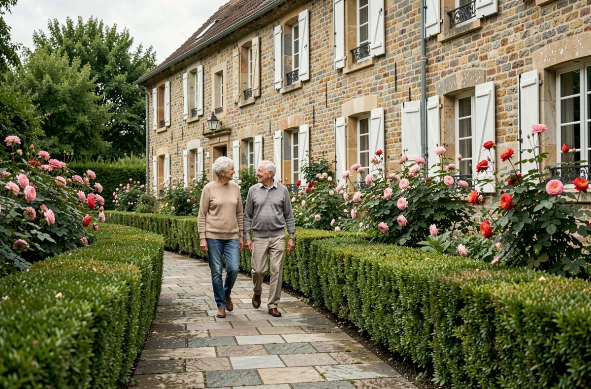 Couple de résidents se promenant dans le jardin de la Résidence les Templiers à Richemont