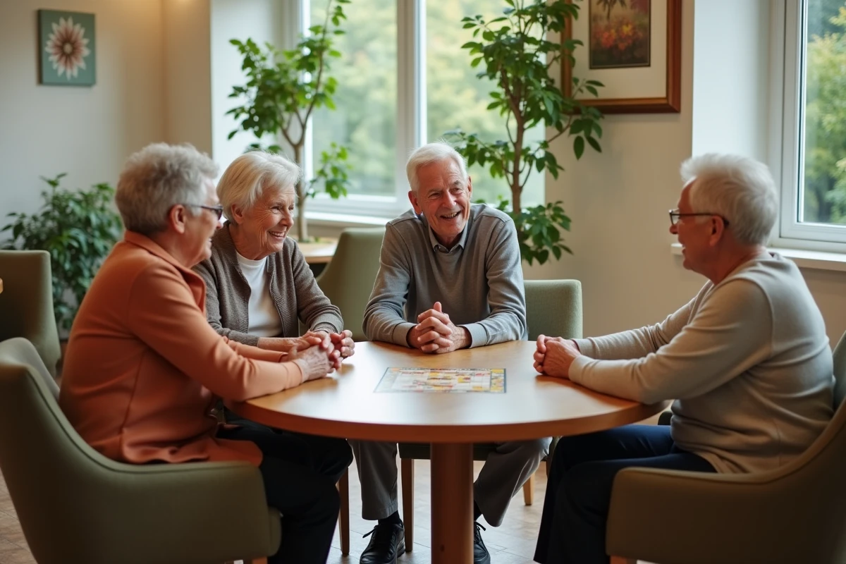 Groupe de résidents seniors jouant ensemble dans une salle commune d'une résidence pour personnes âgées, illustrant la vie sociale et les activités collectives en établissement