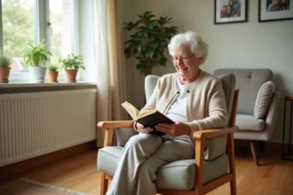 Femme âgée lisant dans son appartement personnalisé d'une résidence seniors de type jardins d'Arcadie, illustrant l'autonomie et le confort à domicile accompagné