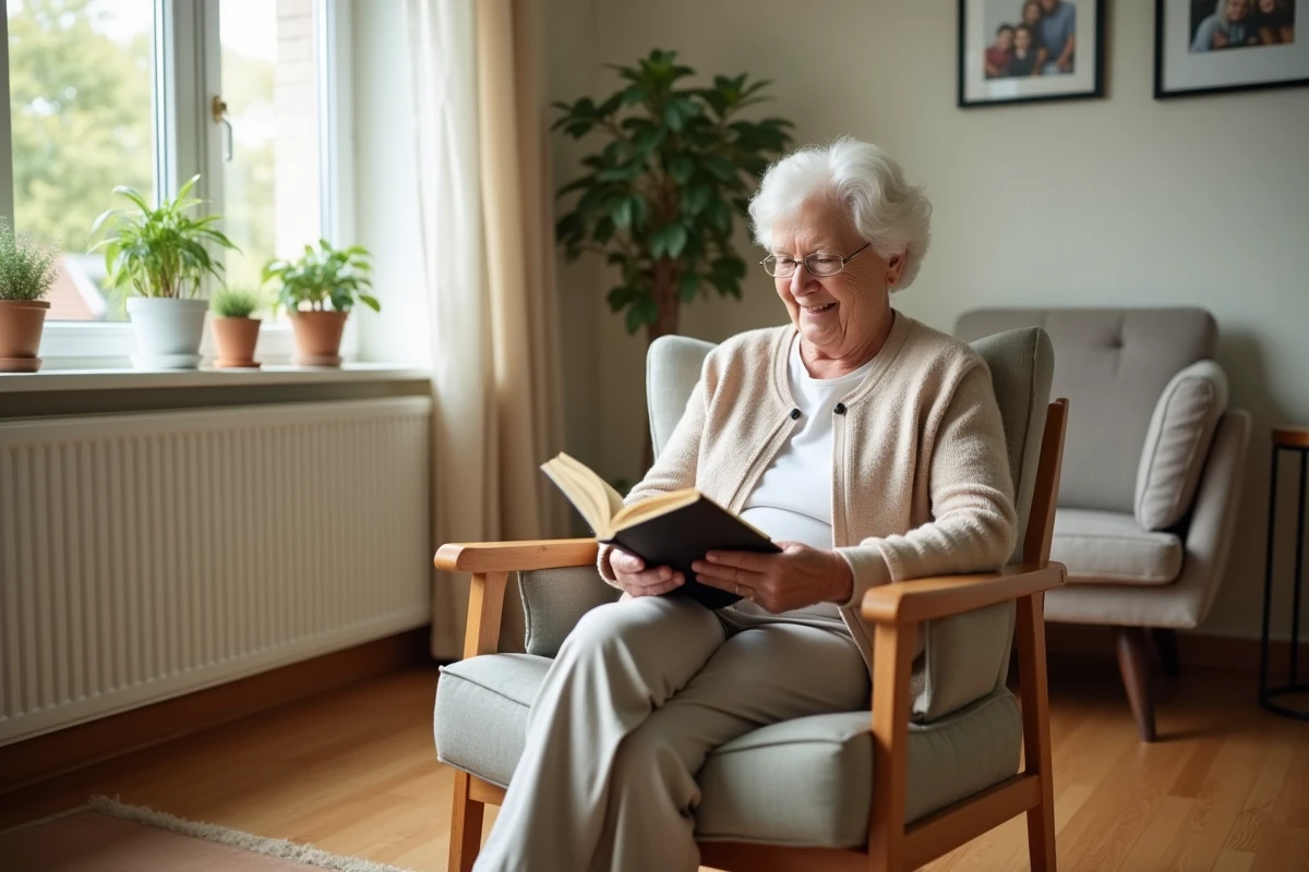 Femme âgée lisant dans son appartement personnalisé d'une résidence seniors de type jardins d'Arcadie, illustrant l'autonomie et le confort à domicile accompagné