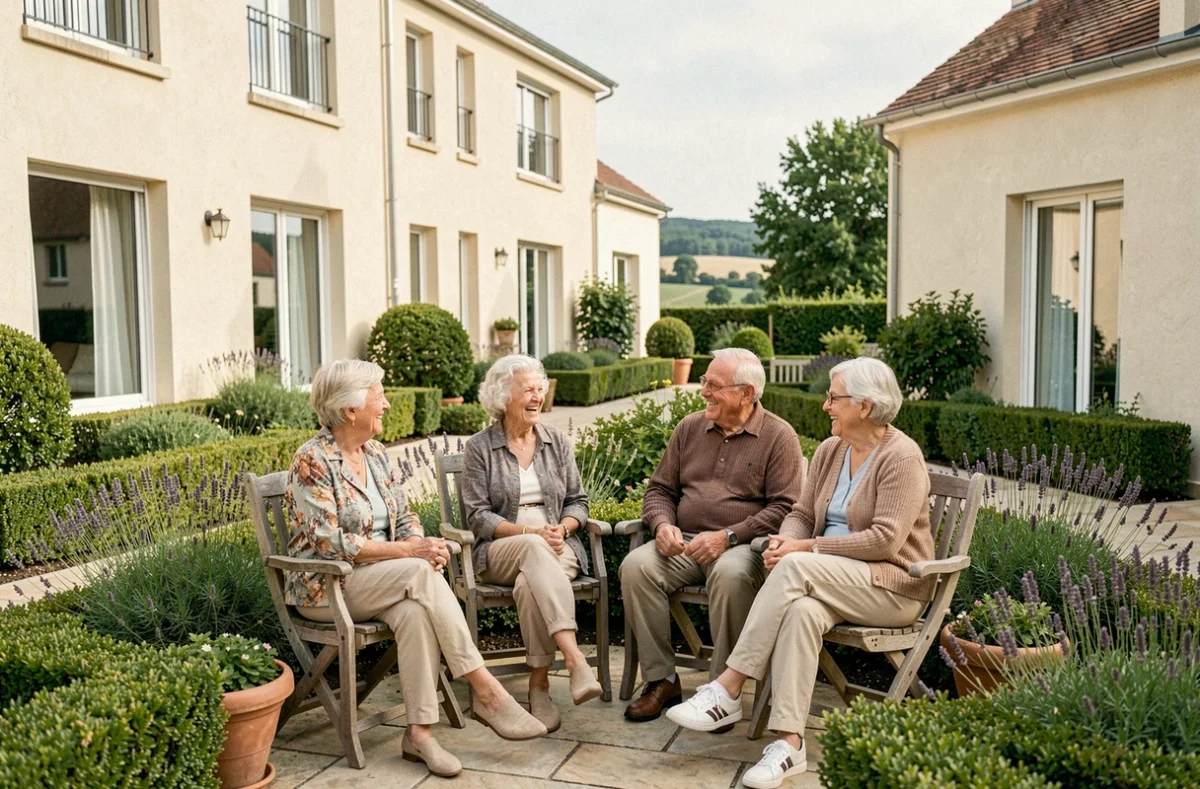 Groupe de seniors heureux dans le jardin d'une résidence seniors en Centre-Val de Loire