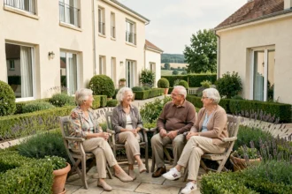 Groupe de seniors heureux dans le jardin d'une résidence seniors en Centre-Val de Loire