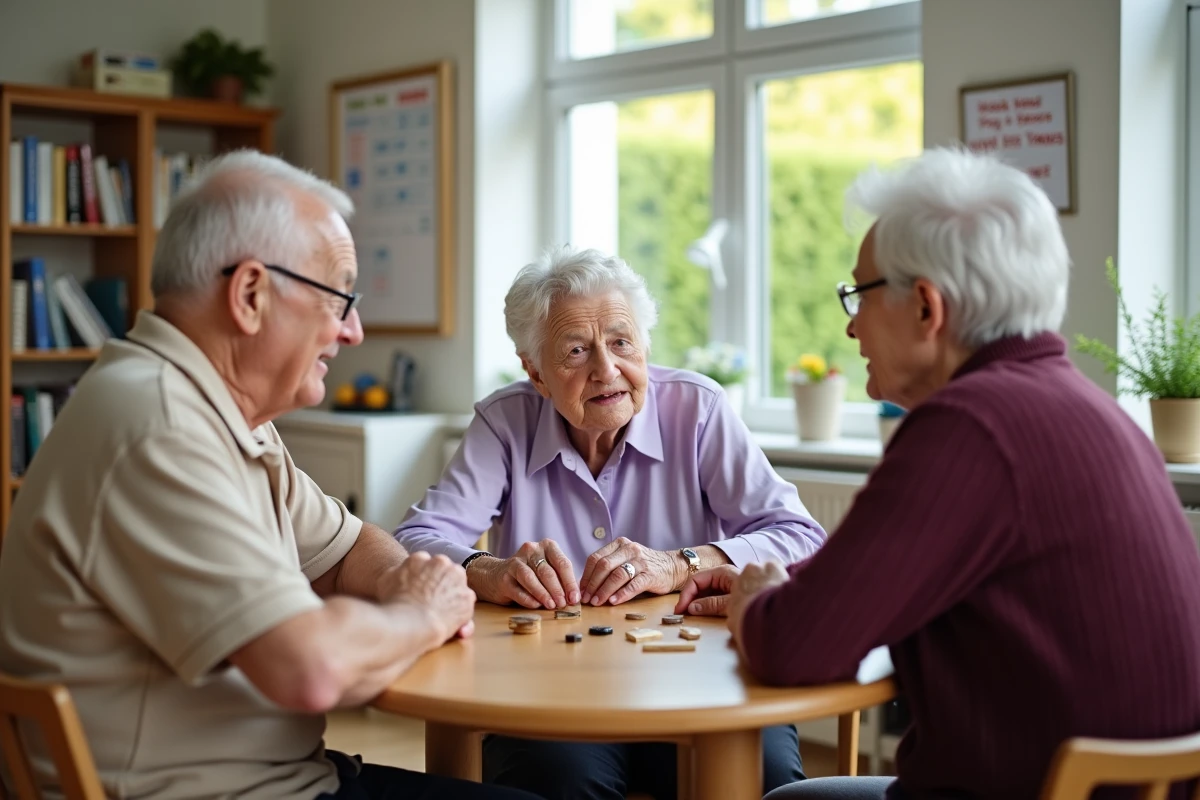 Résidents d'un EHPAD jouant ensemble dans la salle d'activités, ambiance conviviale en maison de retraite