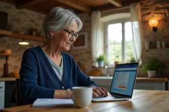 Femme de 60 ans consultant son espace personnel Carsat sur un ordinateur portable dans une cuisine normande rustique