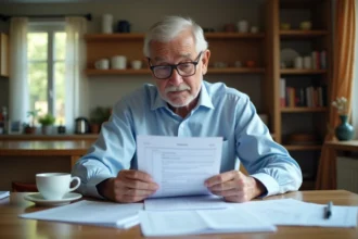 Retraité examinant ses documents fiscaux et sa déclaration de pension à domicile en 2026