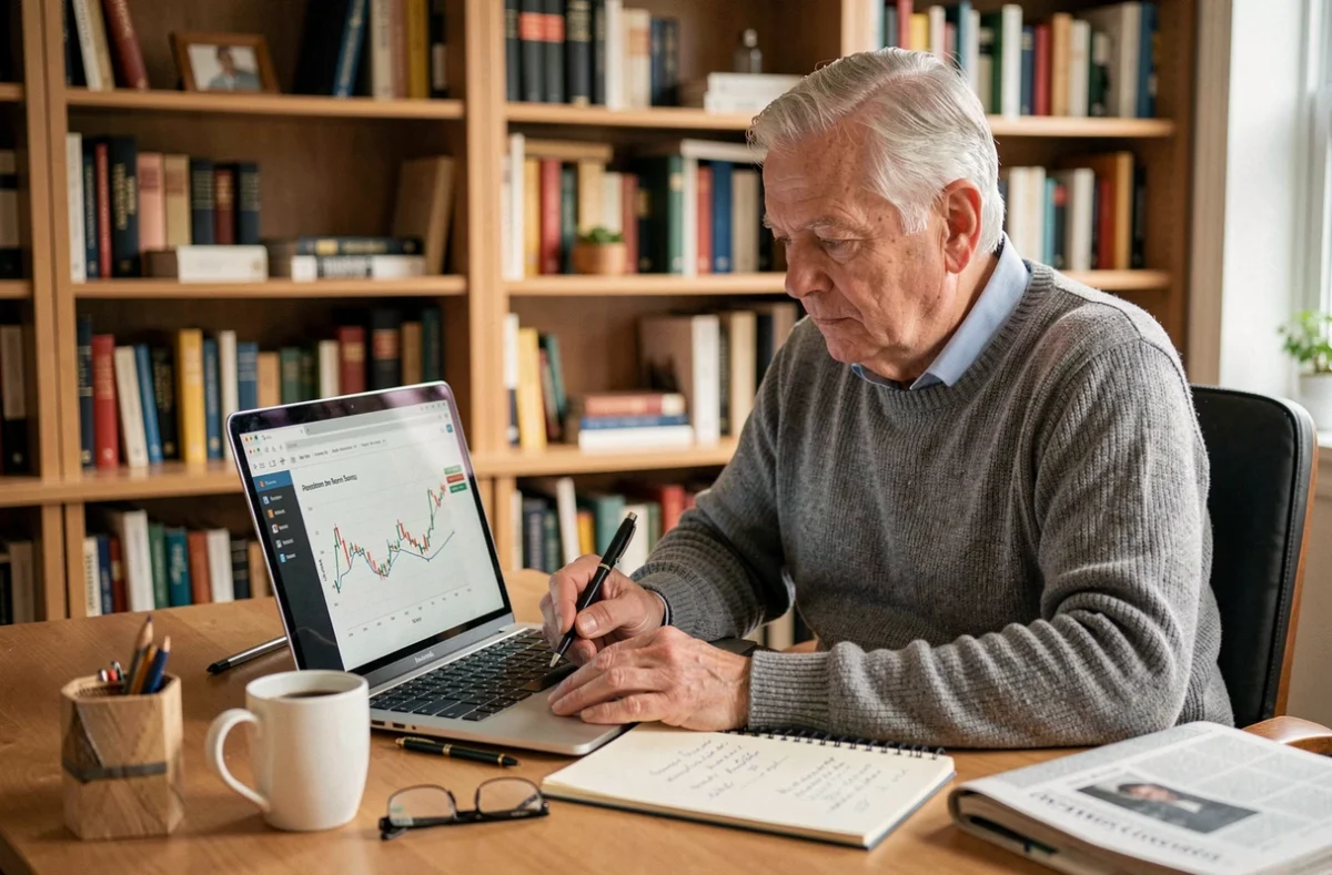 Retraité consultant des graphiques de revalorisation de pension sur ordinateur portable à son bureau, illustrant la planification financière face à l'inflation et les ajustements Agirc-Arrco prévus pour 2026