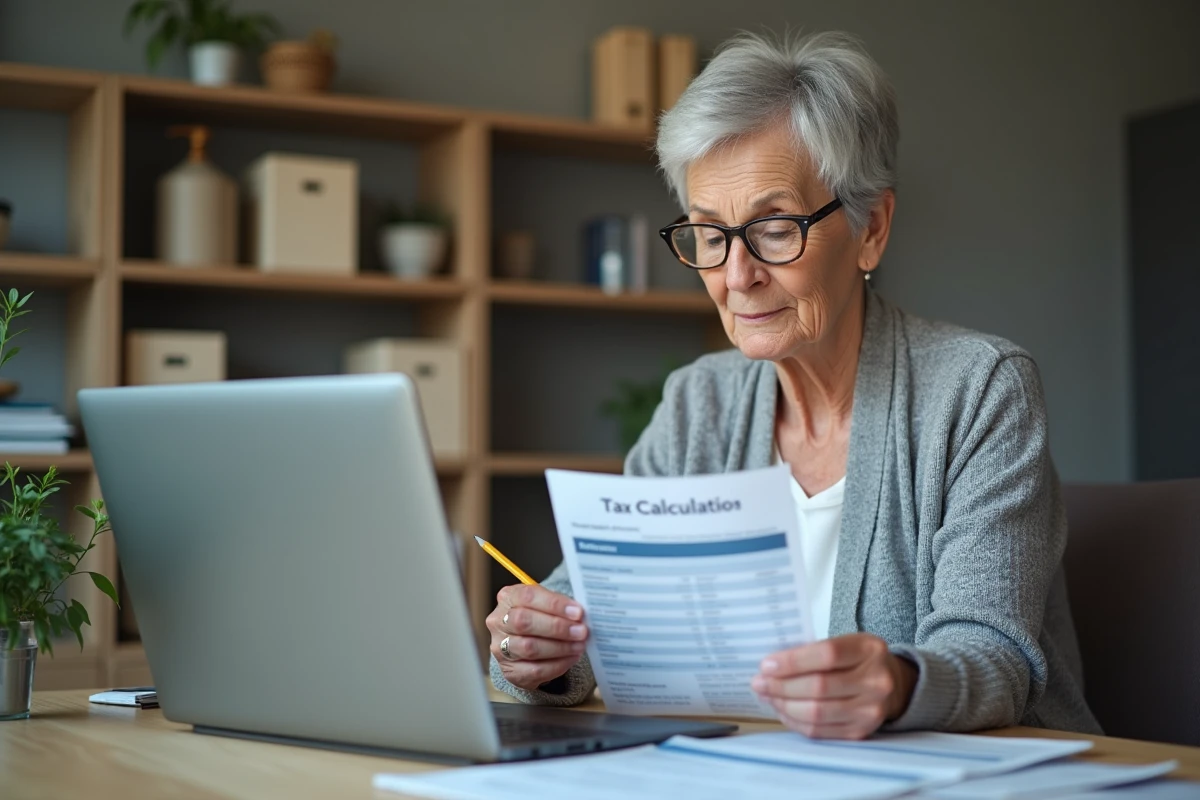 Retraitée calculant ses impôts sur son ordinateur portable avec des relevés de pension imprimés