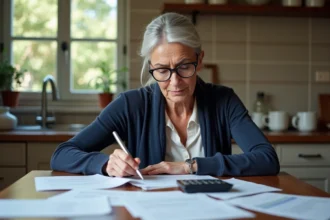 Retraitée examinant des documents de revalorisation de pension à sa table de cuisine