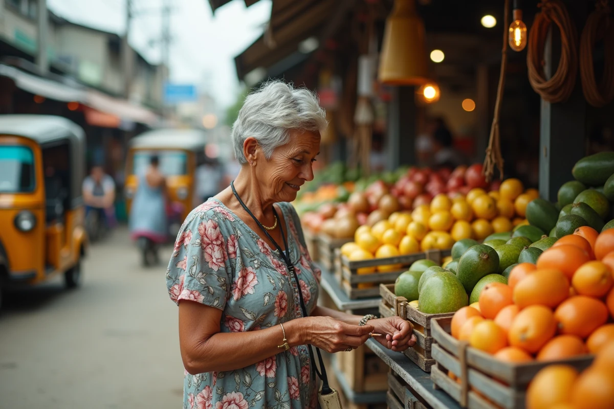 Femme retraitée explorant un marché coloré en plein air en Asie du Sud-Est parmi les fruits tropicaux