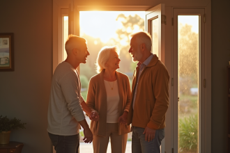 Jeune couple souriant accueillant leurs parents à la porte