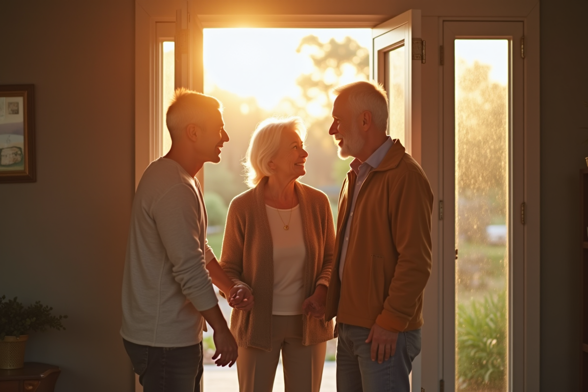 Jeune couple souriant accueillant leurs parents à la porte