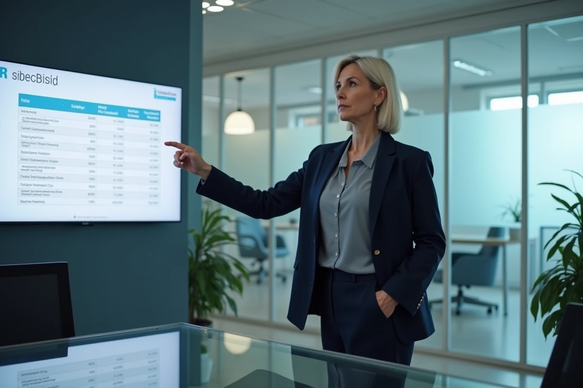 Femme cadre en ressources humaines présentant les détails d'un bulletin de paie d'agent de maîtrise devant un écran en entreprise