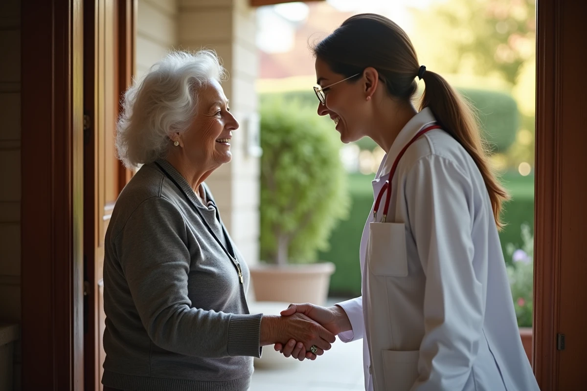 Femme âgée accueillie par une jeune aidante à la porte