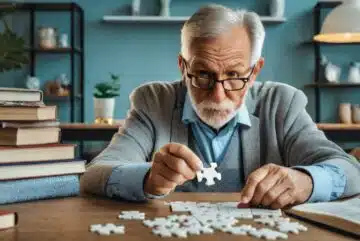 senior concentré, résolvant un casse-tête complexe