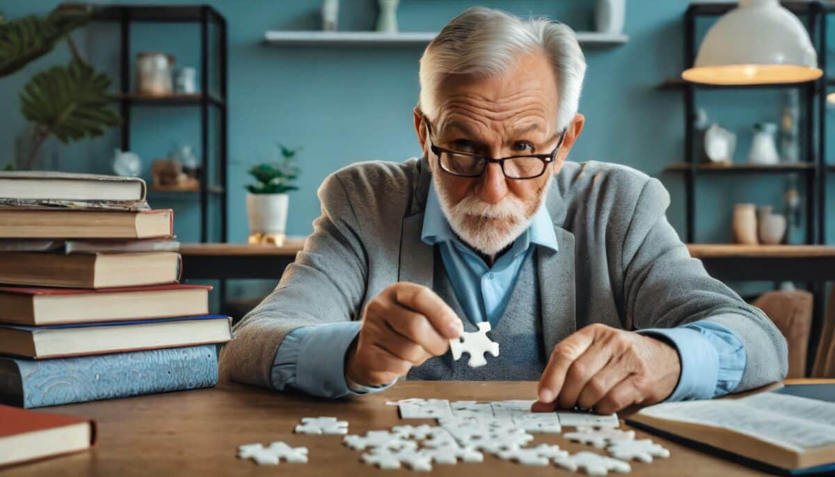 senior concentré, résolvant un casse-tête complexe