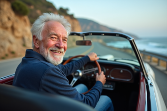 Homme senior souriant au volant d'une voiture décapotable