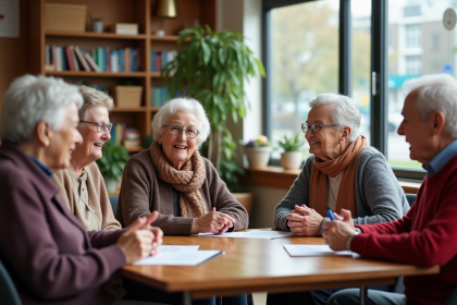 Groupe de seniors discutant dans un centre communautaire