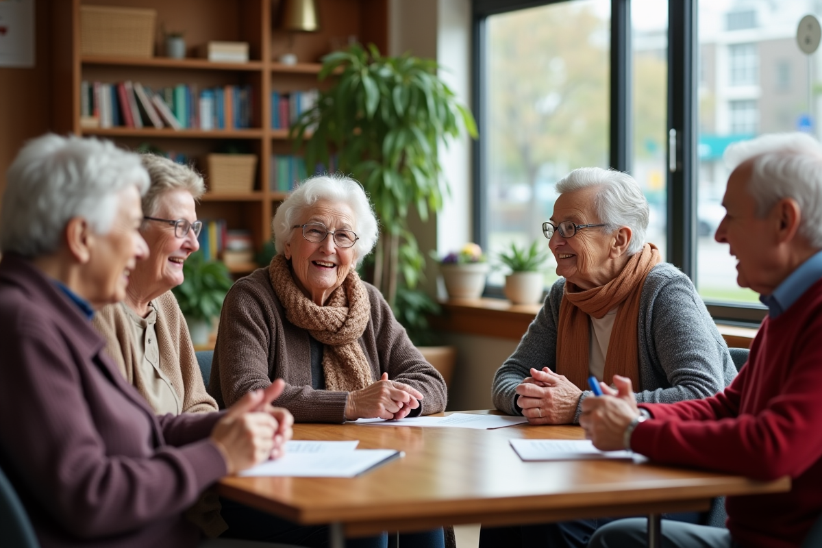 Groupe de seniors discutant dans un centre communautaire
