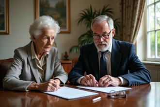 Une femme âgée et un homme d'âge moyen examinent des papiers officiels