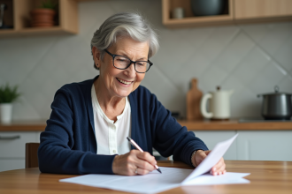 Femme senior concentrée remplissant un formulaire dans la cuisine