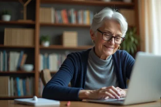 Femme senior souriante utilisant un ordinateur portable pour explorer Philomène Senior à son bureau à domicile