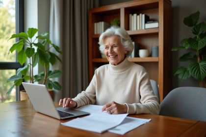 Femme senior souriante à la retraite avec tablette