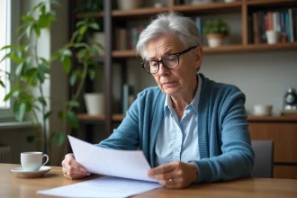 Femme senior lisant une déclaration de pension à la maison