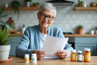 Femme senior souriante organisant des compléments alimentaires