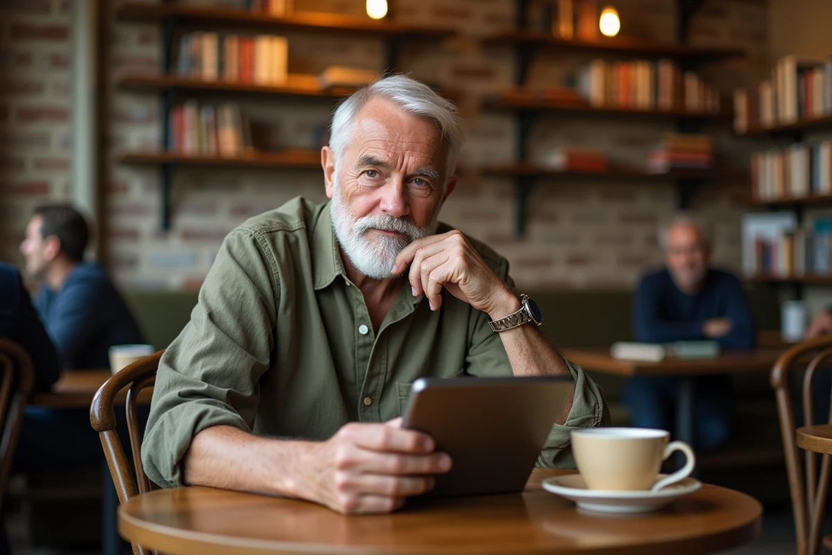 Homme senior curieux lisant sur une tablette dans un café librairie, découvrant des contenus culturels en ligne