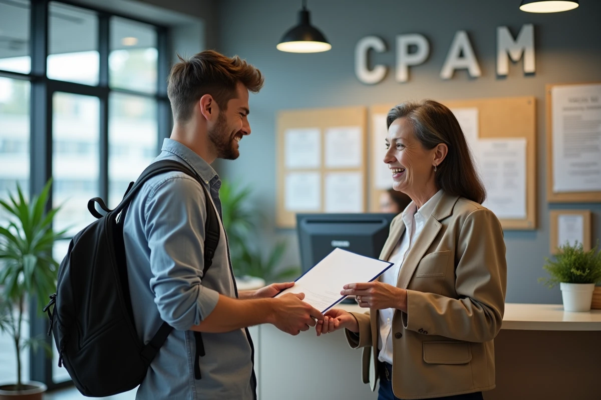 Jeune homme et personne âgée au bureau CPAM en discussion