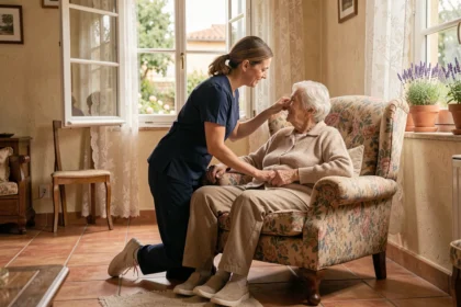 Une aide à domicile professionnelle assiste une personne âgée dans un intérieur chaleureux typique de l'Hérault, représentant les services d'aide à domicile dans la région.