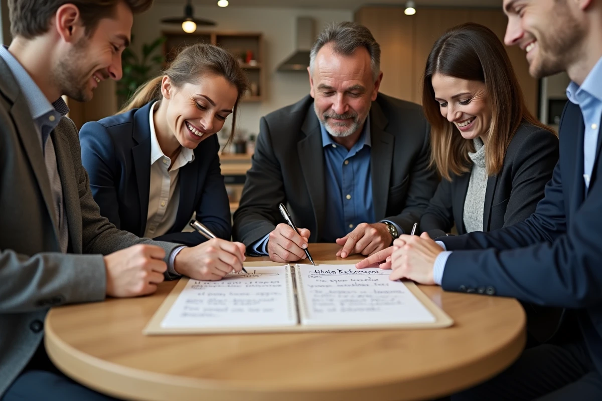 Collègues signant une carte de départ à la retraite autour d'une table dans une salle de pause
