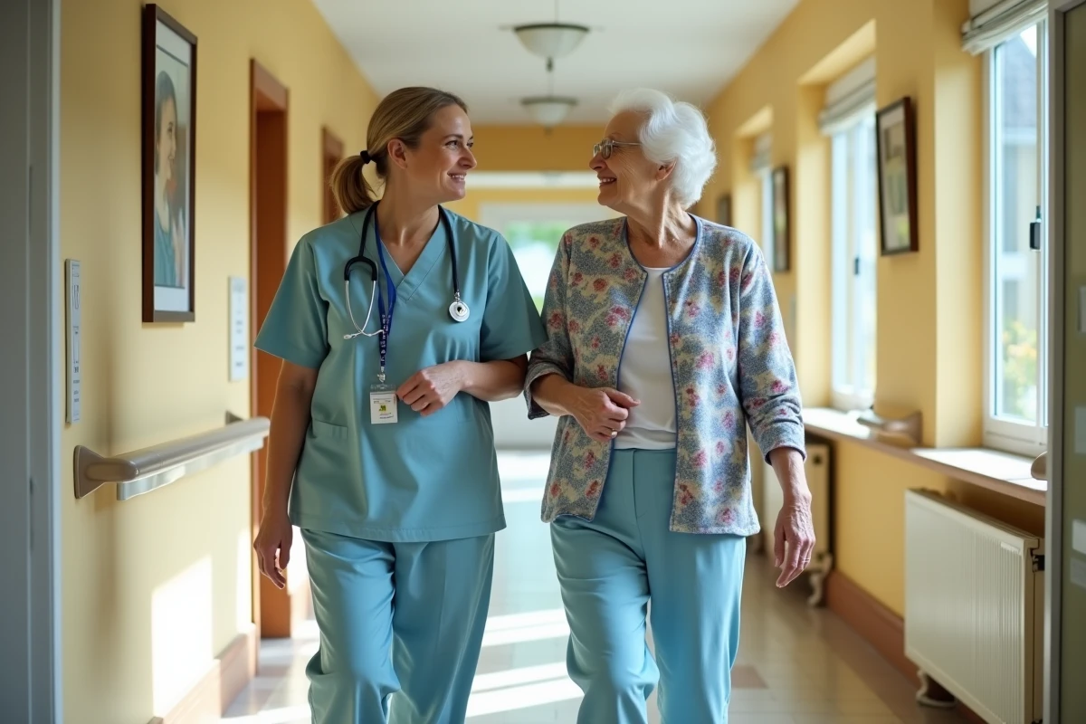 Aide-soignante accompagnant une résidente dans le couloir d'une maison de retraite EHPAD bien équipée