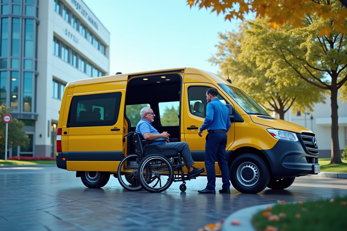 Taxi accessible pour personnes à mobilité réduite devant un hôpital en matinée