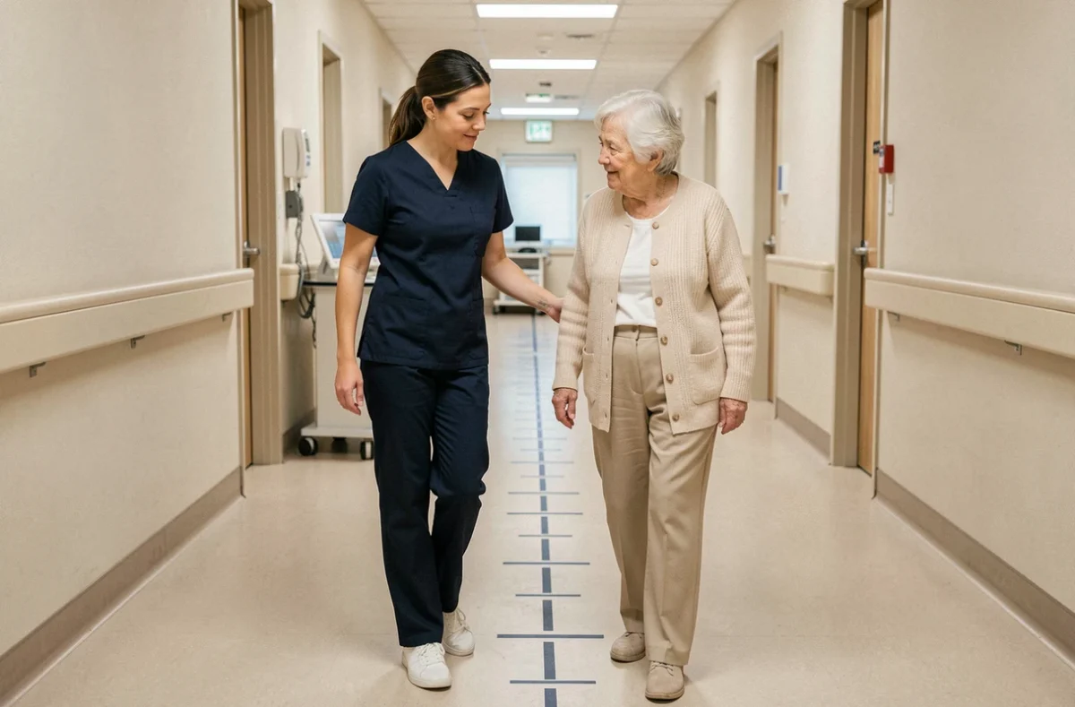 Physiothérapeute guidant une patiente âgée lors d'une évaluation de la marche pour le Test de Tinetti en centre de rééducation