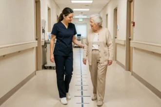 Physiothérapeute guidant une patiente âgée lors d'une évaluation de la marche pour le Test de Tinetti en centre de rééducation