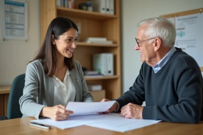 Assistante sociale discutant avec un homme âgé dans un bureau chaleureux