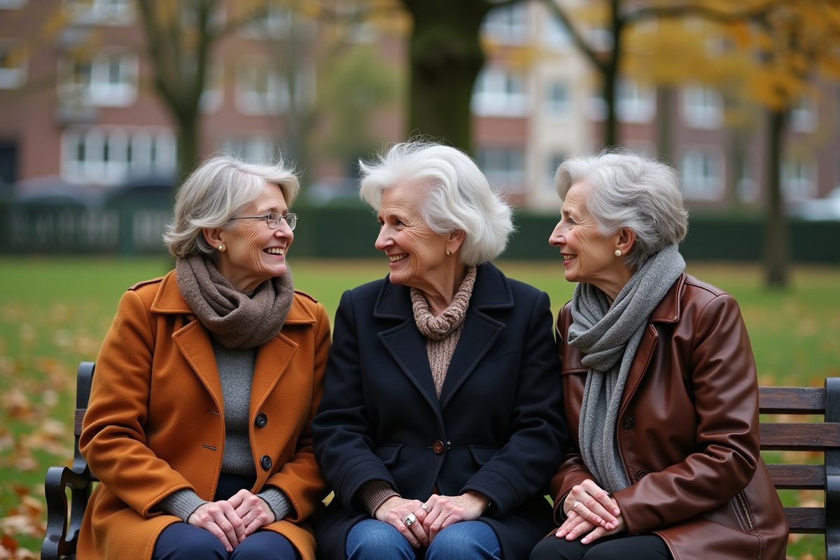 Trois femmes belges discutant sur un banc dans un parc